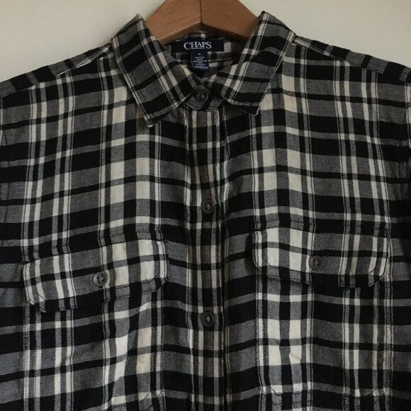 Chaps Ralph Lauren Black and White Plaid Flannel Cotton Button Down Shirt - Picture 3 of 15